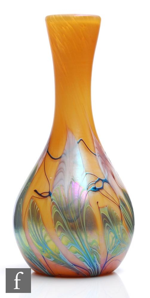 A 20th Century Okra glass vase designed by Dave Barras, of skittle form with tapering flared neck,