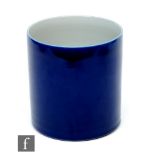 A Chinese blue monochrome brushpot, Bitong, the cylinidrical vessel, with all over exterior blue