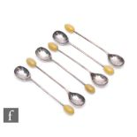 Unknown - A set of six 1930s Art Deco coffee spoons in white metal with a yellow Bakelite coffee