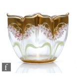 Moser - An Art Nouveau glass posy vase, of quatrefoil form, with raised enamel lily of the valley