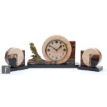 Unknown - A 1930s French Art Deco three piece onyx and marble clock garniture, the pink marble