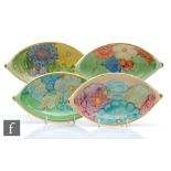 Grays Pottery - Four 1930s Art Deco boat shaped dishes, each decorated with hand painted flowers and