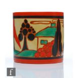 Clarice Cliff - Red Trees & House - A size 3 Drum shaped preserve pot circa 1930, hand painted