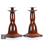 Unknown - A pair of wooden candlesticks in the Secessionist style with wrythen pedestal and copper