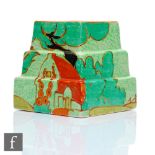 Clarice Cliff - Red Roofs Cafe au Lait - A ziggurat shape candlestick circa 1932, hand painted