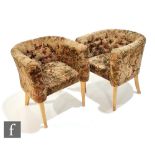 Unknown - A pair of tub shaped club chairs, upholstered in figured foliate pattern fabric above