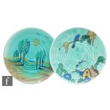 Wadeheath - Two 1930s Art Deco Flaxman chargers, the first decorated with a tubelined house and