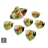 Clarice Cliff - Fragrance - A complete shape 471 Bon Bon set circa 1935, hand painted with a