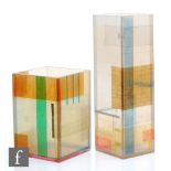 Unknown - Two Perspex acrylic cube vases, each of the sides with linear and geometric design in red,