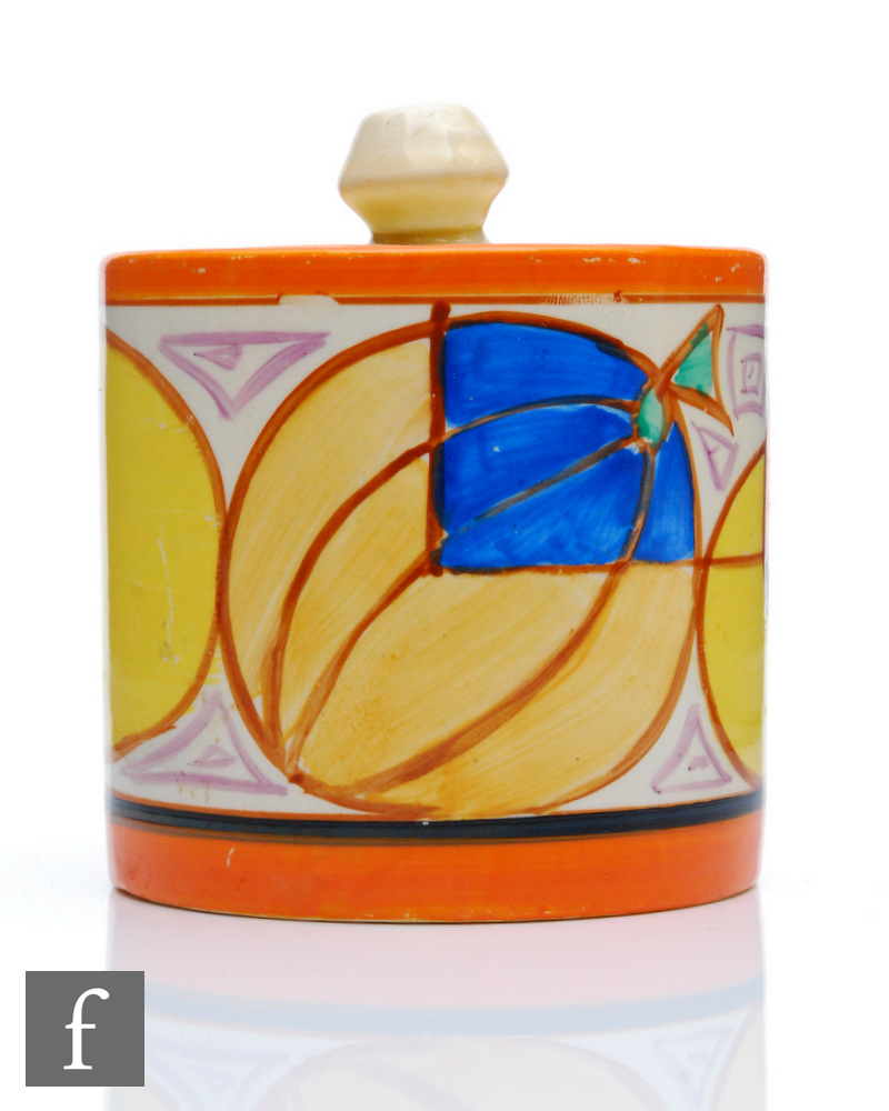 Clarice Cliff - Melon - A size 3 drum shaped preserve circa 1930, hand painted with a band of