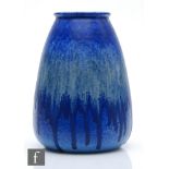 Ruskin Pottery - A large crystalline glaze vase of tapering barrel form decorated in a blue over