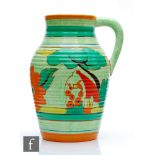 Clarice Cliff - Red Roofs Cafe au Lait - A 12 inch single handled Lotus Jug circa 1932, hand painted