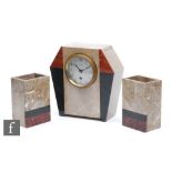 Unknown - A 1930s Art Deco three piece onyx and marble clock garniture, the clock with a circular
