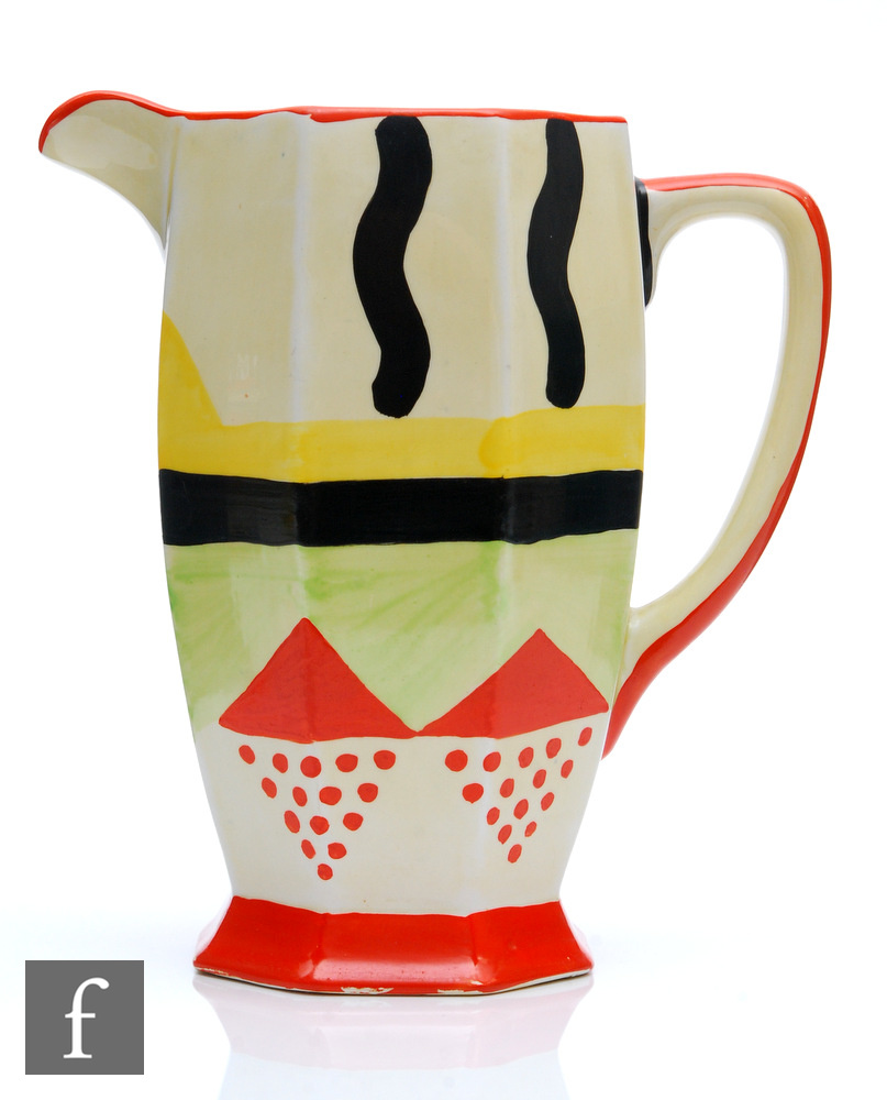 Clarice Cliff - Sunspots - A large Athens shape jug circa 1931, hand painted with wave lines,