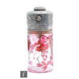 An early 20th Century Baccarat cameo glass and silver atomiser of cylindrical form, cased in ruby