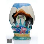 Clarice Cliff - Tralee - A shape 362 vase circa 1935, hand painted with a stylised thatched