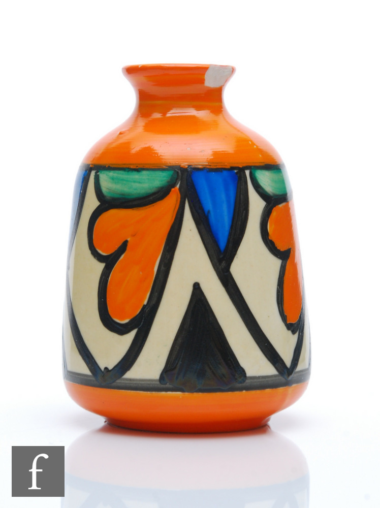 Clarice Cliff - Double V - A shape 177 miniature vase circa 1929, of shouldered ovoid form with