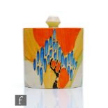 Clarice Cliff - Windbells - A size 3 drum shaped preserve pot and cover circa 1932, hand painted