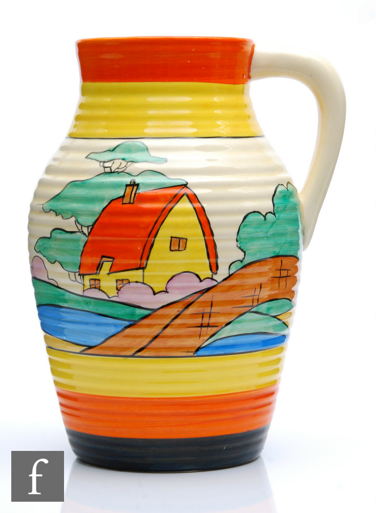 Clarice Cliff - Orange Roof Cottage - A single handled Lotus jug circa 1932, hand painted with a
