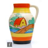 Clarice Cliff - Orange Roof Cottage - A single handled Lotus jug circa 1932, hand painted with a