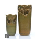 Bridget Drakeford - A pair of studio pottery vases of sleeve form with a pierced rim detailed with