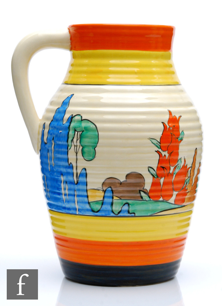 Clarice Cliff - Orange Roof Cottage - A single handled Lotus jug circa 1932, hand painted with a - Image 2 of 2