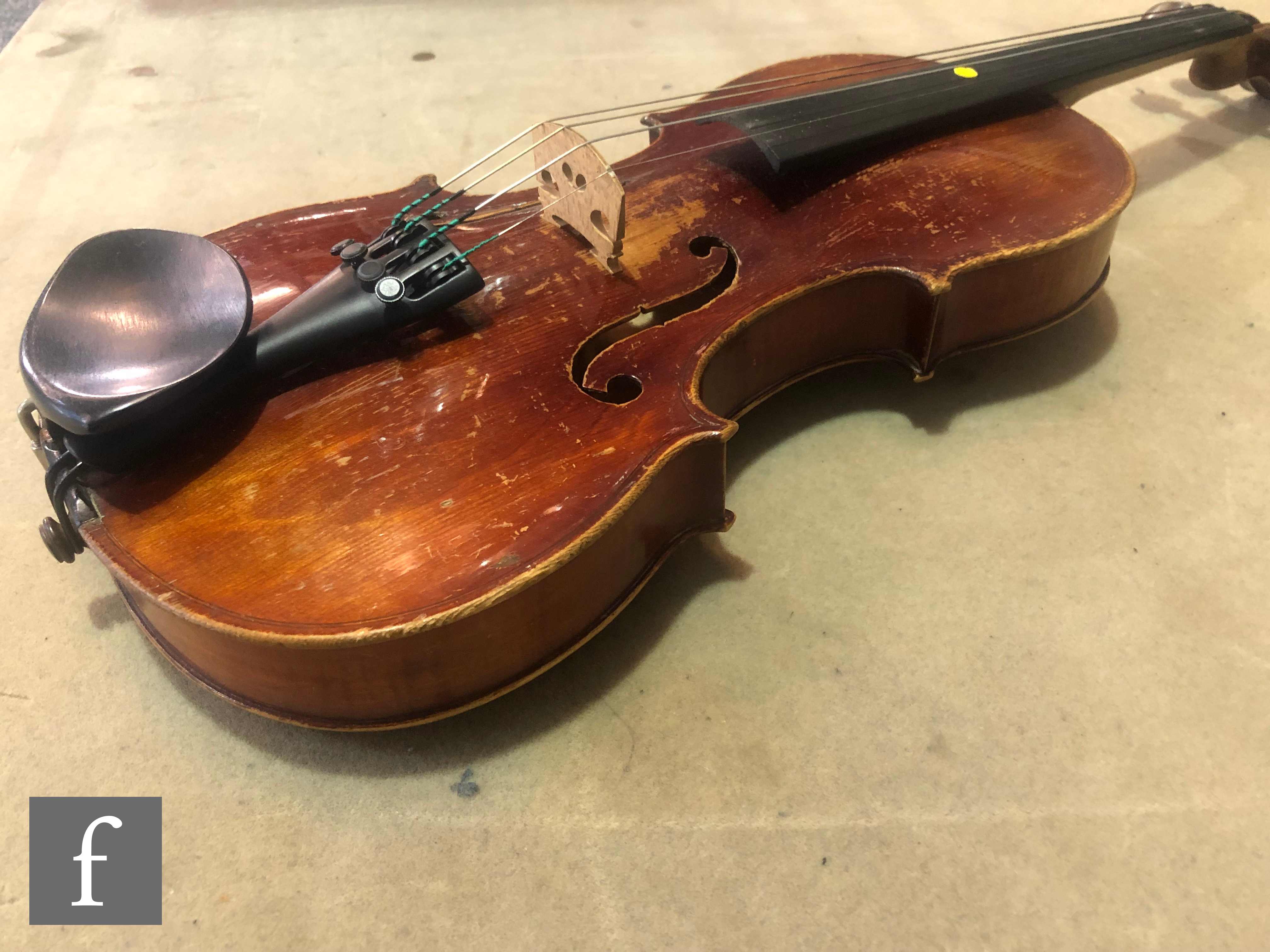 A late 19th early 20th Century violin, length 34cm, with bow, in modern blue zip case and with - Image 7 of 15