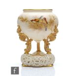 A late 19th Century Graingers Worcester pedestal bowl, the bowl decorated with hand painted