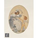 An early 20th Century oval silk needlework in the style of Kate Greenaway with a girl dressed in a