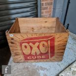 A large original pine packing case for ‘OXO’ cubes, red stencilled pictorial design to sides, 47cm x