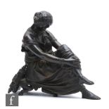 A 19th Century bronze Romanesque figure of a seated female with head bowed, wearing traditional