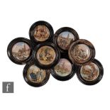 Eight assorted 19th Century Staffordshire Pratt ware pot lids comprising Gen Canrobert, Vue de la