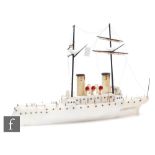 A 20th Century Italian alabaster scale model of a twin funnel steam ship with deck fittings,