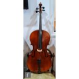 A 20th Century cello, after Stradivarius, bears label Karl Meisel made in West Germany, serial no