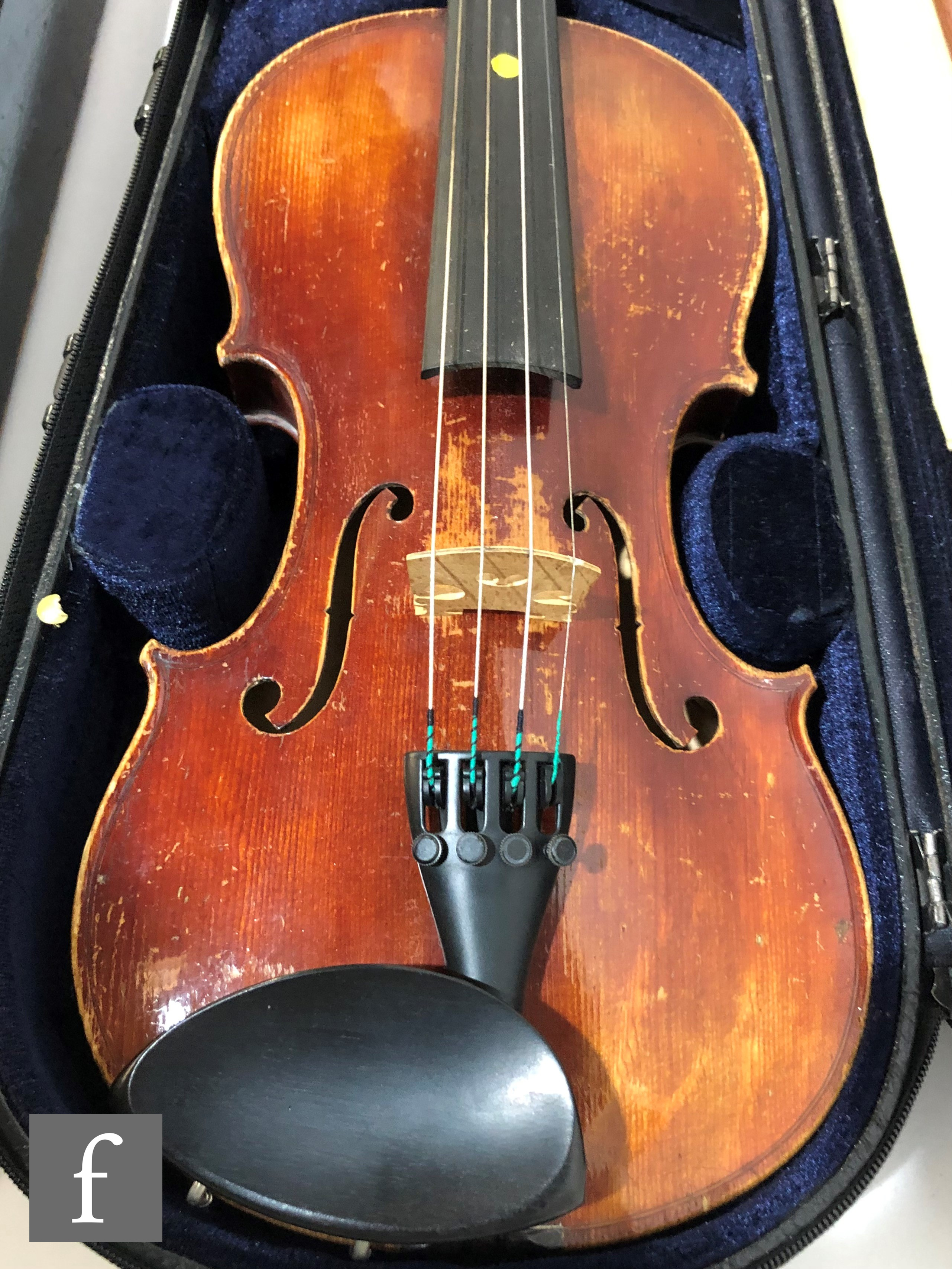 A late 19th early 20th Century violin, length 34cm, with bow, in modern blue zip case and with - Image 2 of 15