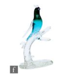 A later 20th Century Italian Murano glass figure of a stylised bird in tonal turquoise resting to