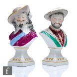 A pair of 19th Century busts modelled as Charles I and Francis I in the style of Meissen, each