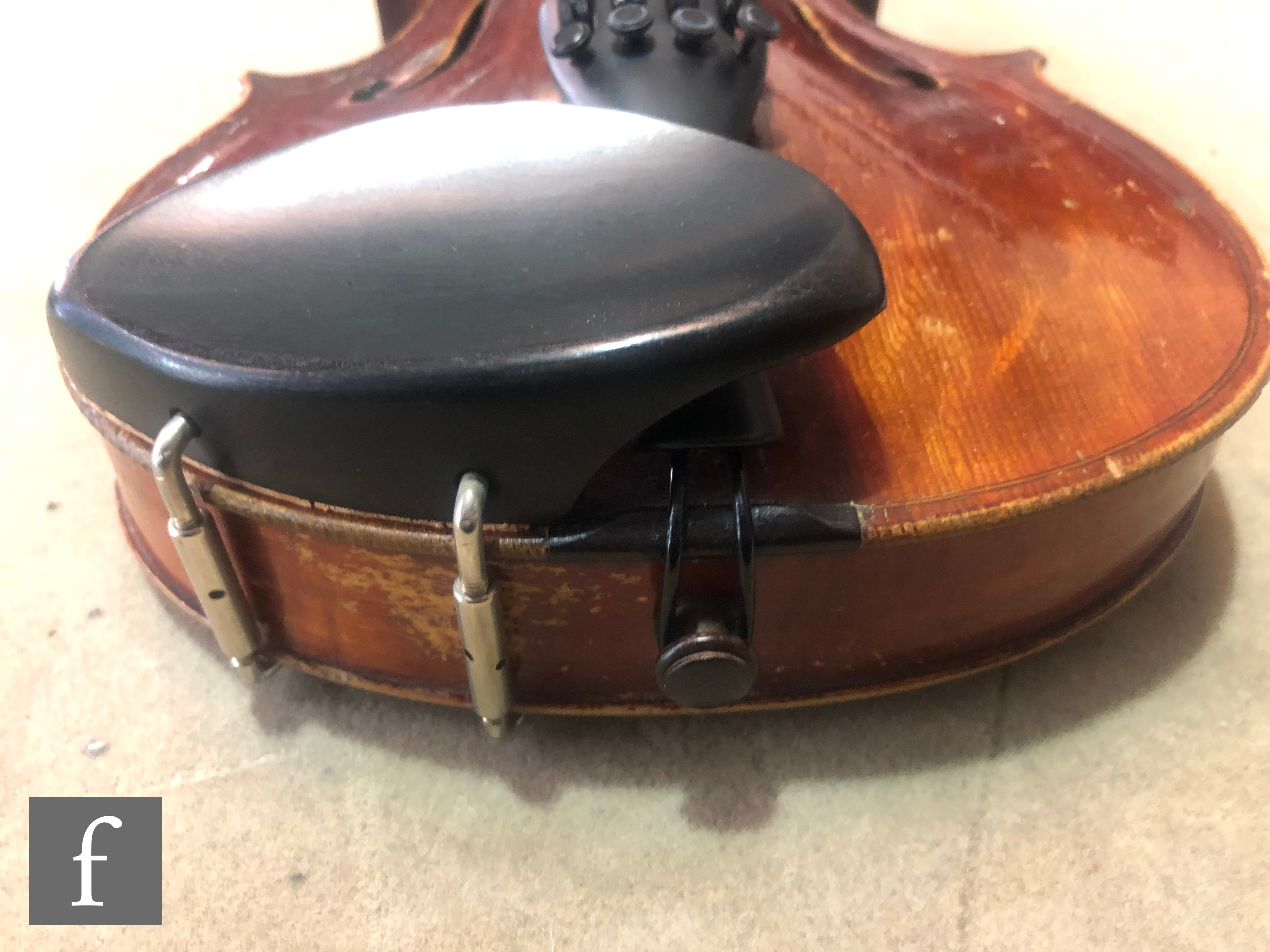 A late 19th early 20th Century violin, length 34cm, with bow, in modern blue zip case and with - Image 5 of 15