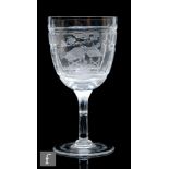 An early 20th Century Thomas Webb & Sons wine glass, the large ovoid bowl acid etched, cut and