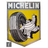 A large double sided enamel pictorial advertising sign for Michelin with white lettering on blue