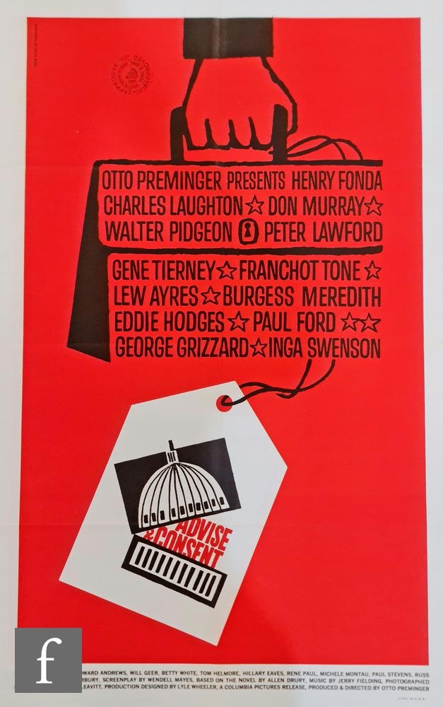 Saul Bass - An original 1960s Advise and Consent film poster, with 'Approved' stamp of the Quebec