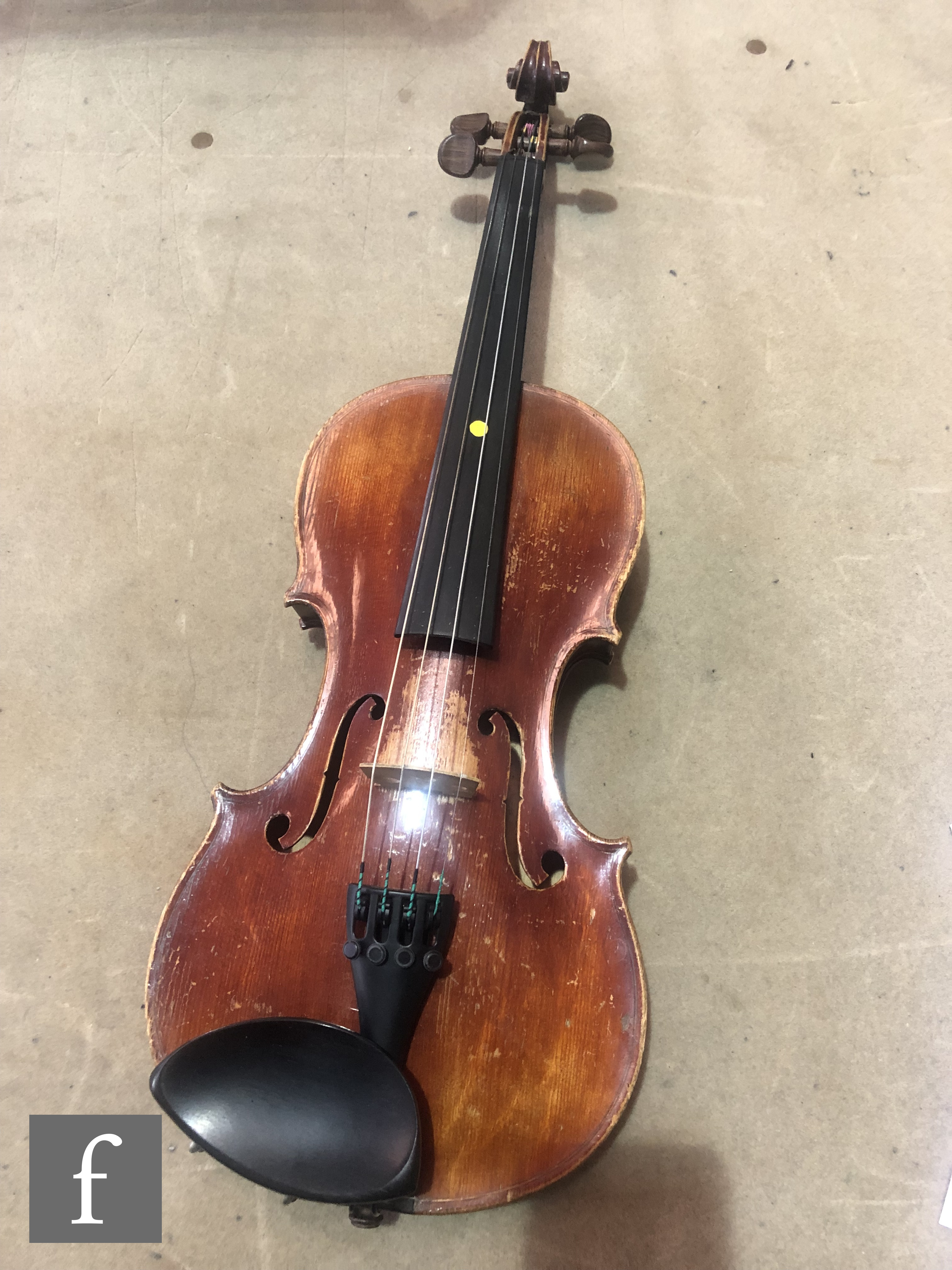 A late 19th early 20th Century violin, length 34cm, with bow, in modern blue zip case and with - Image 3 of 15