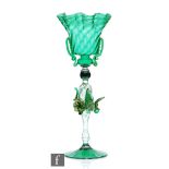 An early 20th Century Italian Murano glass goblet vase, the upper frill rim bowl with trailed rim,