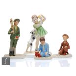 A Crown Staffordshire model of a young girl about to throw a ball for her black and white dog,