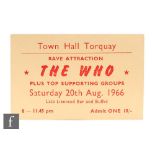 A 1966 The Who concert ticket, from the Town Hall Torquay, 20th August, 1966, 9cm x 6cm.