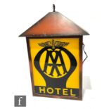 A 1940s or later double sided AA Hotel sign with sloping roof and hanging suspension hook.