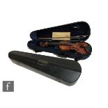 A late 19th early 20th Century violin, length 34cm, with bow, in modern blue zip case and with