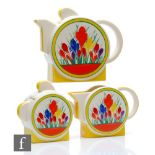 A three piece Moorland pottery tea set comprising teapot, milk and sugar, decorated by Dean