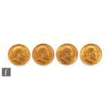 Four Edward VII full sovereigns dated 1904 and 1909 x3.