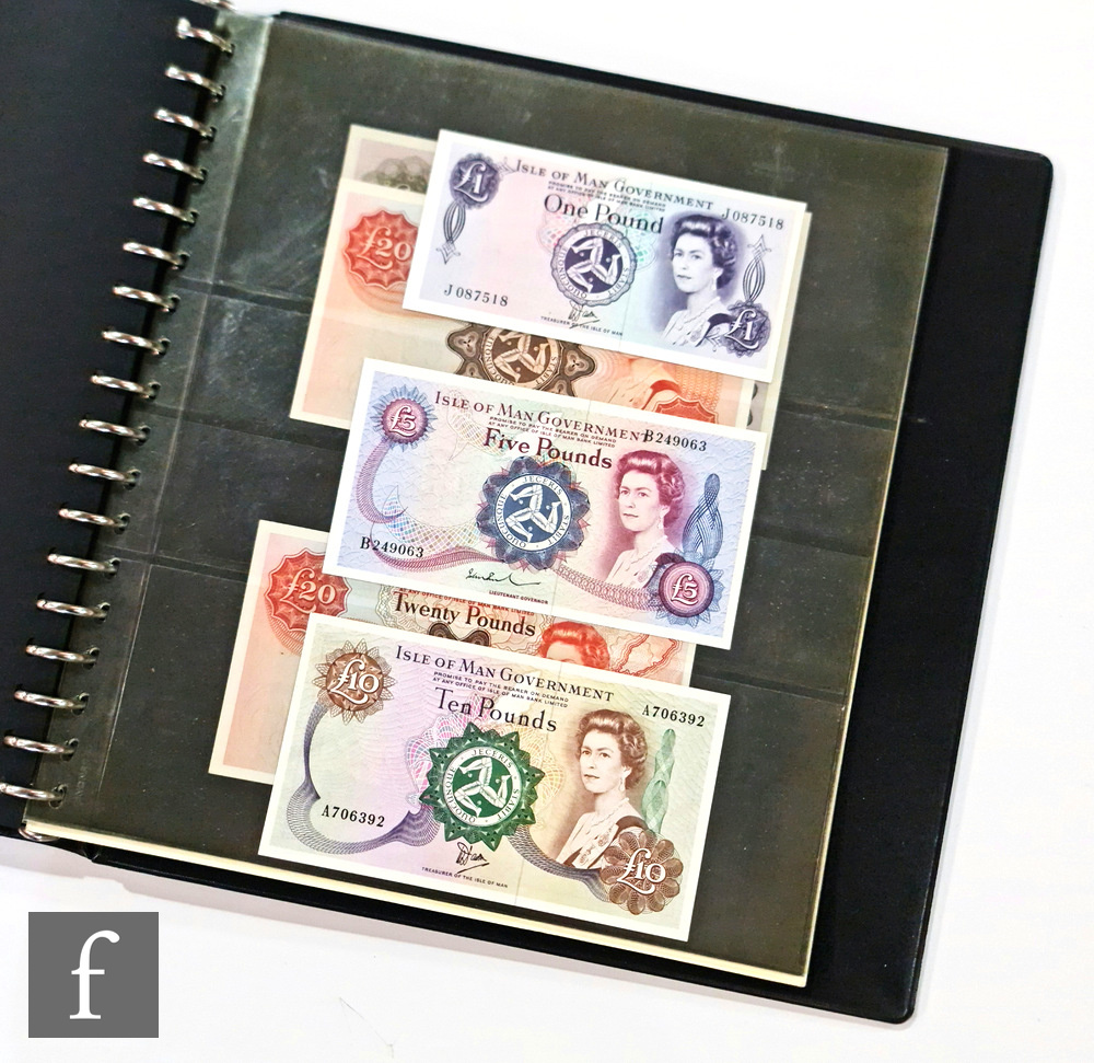 An album of Guernsey, Jersey and Isle of Man banknotes to include fifty, twenty, ten, five and one
